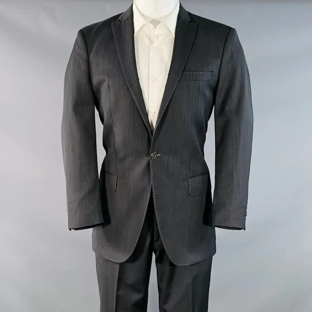 J. LINDEBERG Size 40 Regular Black Grey Wool Peak Lapel Single Button Suit